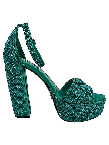 Prada Prada Crystal Embellished Ankle Strap Platform Heels in Green Satin (view 1)