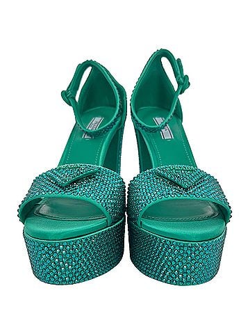 Prada Prada Crystal Embellished Ankle Strap Platform Heels in Green Satin (view 2)