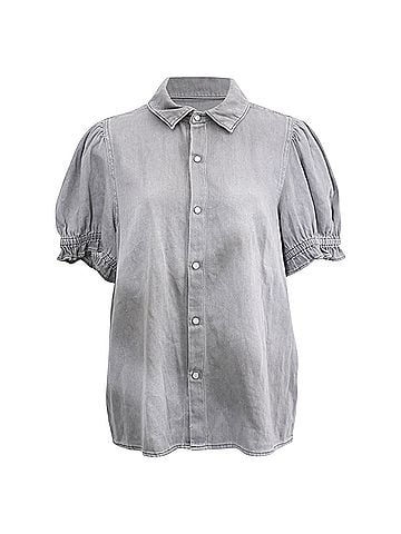 BA&SH Ba&amp;Sh Button-Down Puffed-Sleeve Blouse in Grey Cotton (view 1)