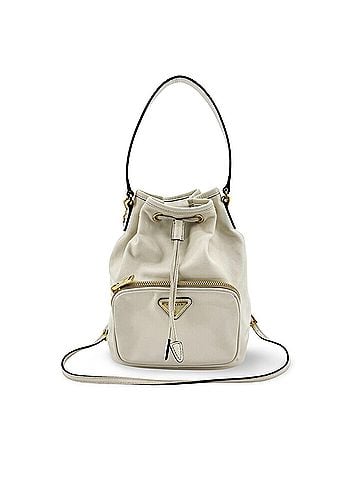 Prada Duet Drawstring Bucket Leather White Leather Handbag (view 1)