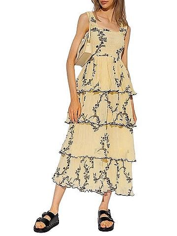 Ganni Pleated Georgette Flounce Smocked Midi Dress Casual Dress (view 1)