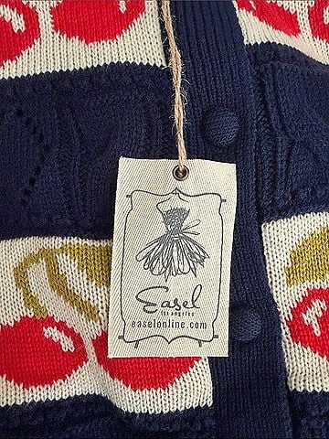 Easel Cherry Print Striped Cable Knit Button Front Cardigan Cardigan (view 2)