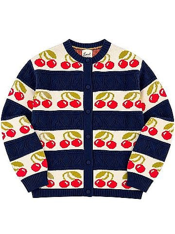 Easel Cherry Print Striped Cable Knit Button Front Cardigan Cardigan (view 1)
