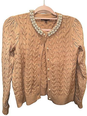 Adrianna Papell Beige/Plush Cable-Knit Pearl and Rhinestone Collar Cardigan Cardigan (view 1)