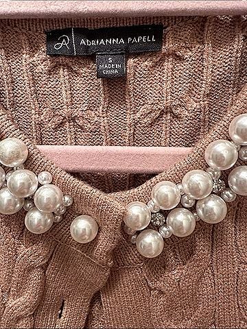 Adrianna Papell Beige/Plush Cable-Knit Pearl and Rhinestone Collar Cardigan Cardigan (view 2)