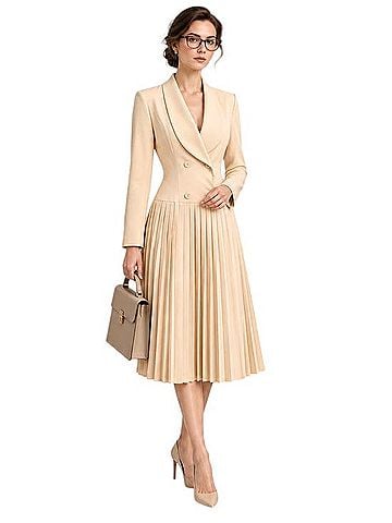 Stylewe Cream Double-Breasted Pleated Long-Sleeve Dress Casual Dress (view 1)