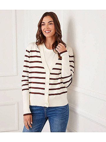 Karen Kane Stripe Cardigan Sweater in Cream And Chocolate (view 2)