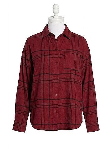 Z Supply River Plaid Button Up Shirt in Red Dahlia (view 1)