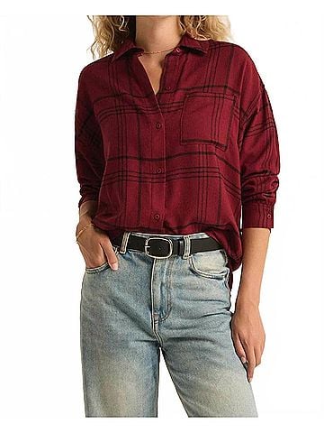 Z Supply River Plaid Button Up Shirt in Red Dahlia (view 2)