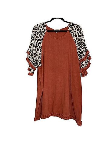 Umgee Elegant Terracotta Ruffle Sleeve Tunic Dress with Animal Print Casual Dress (view 1)
