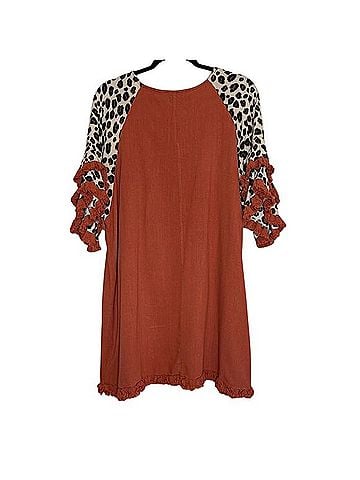 Umgee Elegant Terracotta Ruffle Sleeve Tunic Dress with Animal Print Casual Dress (view 2)