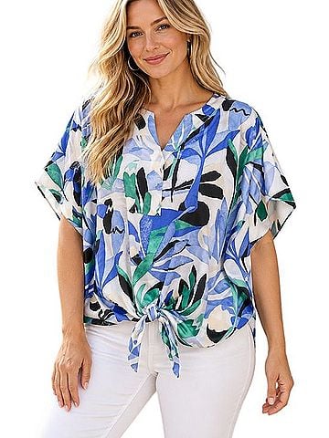 Chico's Tropical Satin Tie Front Tunic Top T-Shirt (view 1)
