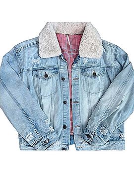 Free People Distressed Small Fleece-Lined Denim Trucker-Style Jacket Jacket (view 2)