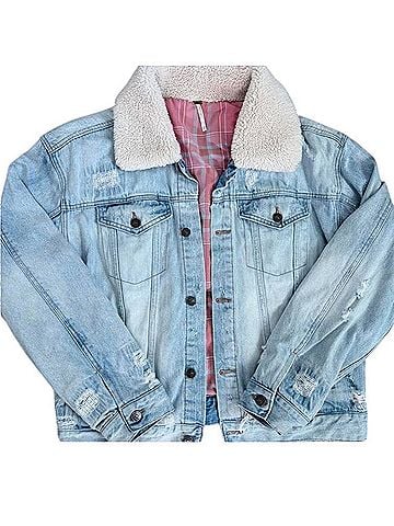 Free People Distressed Small Fleece-Lined Denim Trucker-Style Jacket Jacket (view 2)