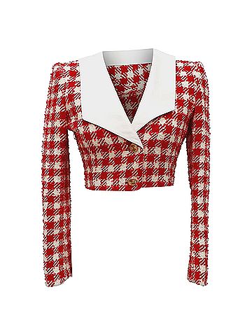 Alessandra Rich Alessandra Rich Checkered Tweed Cropped Jacket in Red Wool (view 1)