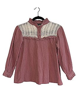 Zara Pink Corduroy Blouse With Cream Crochet Front Ruffled Collar Long Sleeve T-Shirt (view 1)