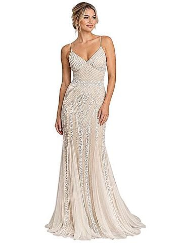 Marina Deco Beaded Mesh Gown Cocktail Dress (view 1)