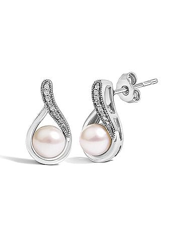Haus of Brilliance Sterling Silver White Freshwater Cultured Pearl and Diamond Accent Teardrop Stud Earrings (view 2)