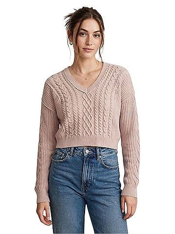 Aeropostale Dusty Rose Cable-Knit V-Neck Cropped Sweater Casual Sweaters (view 1)