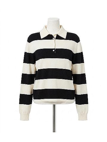 Karen Kane Game Day Collared Stripe Sweater in Off White With Black (view 1)