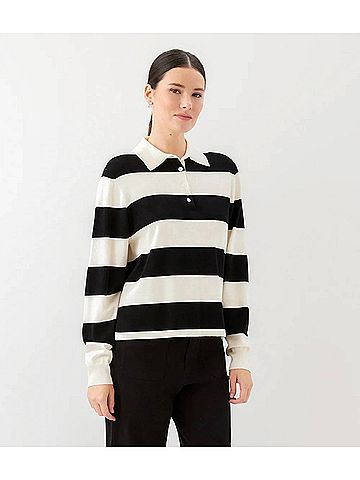 Karen Kane Game Day Collared Stripe Sweater in Off White With Black (view 2)