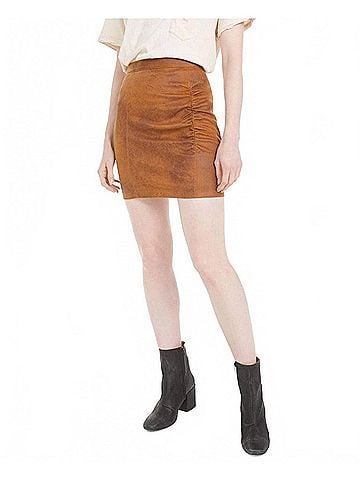 Free People Rumi Ruched Faux Leather Skirt in Brown (view 2)