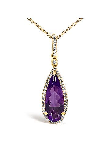 Haus of Brilliance 10K Yellow Gold Pear-Cut Purple Amethyst and 1/5 Cttw Diamond Halo Pendant Necklace (view 2)