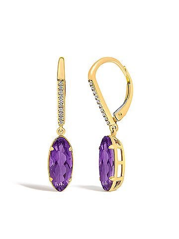 Haus of Brilliance 10K Yellow Gold Oval Purple Amethyst and 1/10 Cttw Diamond Leverback Drop Earrings (view 2)