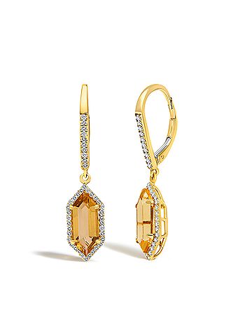 Haus of Brilliance 10K Yellow Gold Hexagon Citrine and 1/3 Cttw Diamond Halo Leverback Drop Earrings (view 2)
