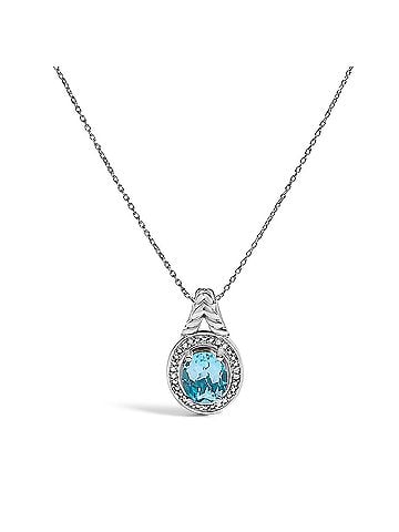 Haus of Brilliance 925 Sterling Silver Oval Blue Topaz and Diamond Accent Halo Pendant Necklace (view 1)