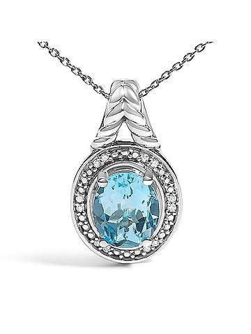 Haus of Brilliance 925 Sterling Silver Oval Blue Topaz and Diamond Accent Halo Pendant Necklace (view 2)