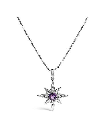 Haus of Brilliance 925 Sterling Silver Round Purple Amethyst and Diamond Accent Starburst Pendant Necklace (view 1)