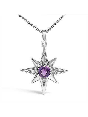 Haus of Brilliance 925 Sterling Silver Round Purple Amethyst and Diamond Accent Starburst Pendant Necklace (view 2)