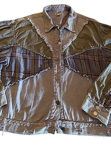 Pol Lavender &amp; Plaid Patchwork Denim Jacket Denim Jacket (view 2)