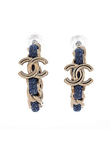 Chanel CC Link Hoop Earrings Metal and Denim (view 1)