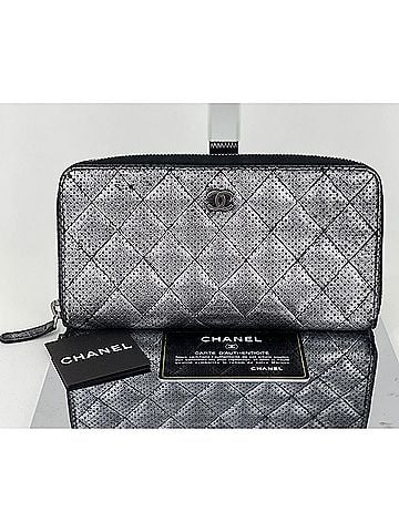 Chanel Chanel Perforated Silver Metallic Lambskin Quilted Zip Around Wallet (view 1)
