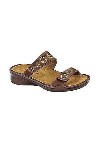 Naot Women's Cornet Two-Strap Slide Sandal in Saddle Brown Gold (view 2)