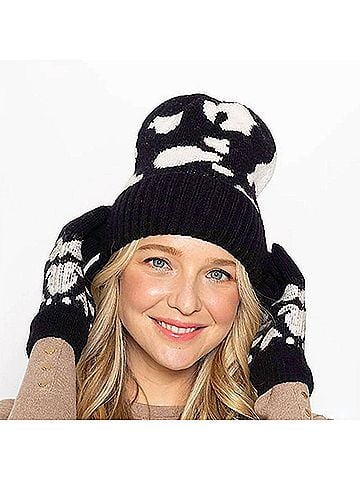Do Everything in Love Women's Cow Print Western Knit Beanie Hat in Black White (view 2)