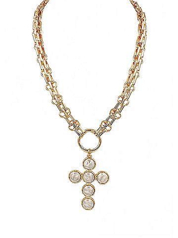 Whats Hot Women's Freshwater Pearl Cross Pendant Necklace in Gold (view 1)