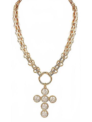 Whats Hot Women's Freshwater Pearl Cross Pendant Necklace in Gold (view 2)