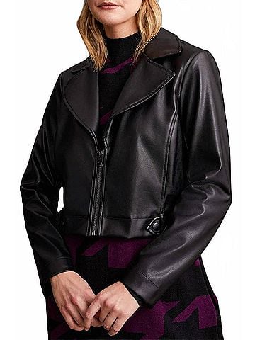 Tribal Crop Biker Leather Jacket in Black (view 2)