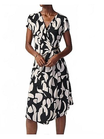 Joseph Ribkoff Geometric Asymmetric Faux Wrap Dress in Black/Moonstone (view 2)