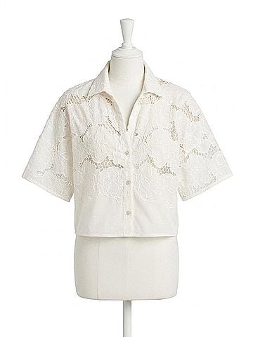 Vince. Lace Cropped Short-Sleeve Shirt in Off White (view 1)