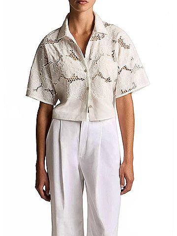 Vince. Lace Cropped Short-Sleeve Shirt in Off White (view 2)