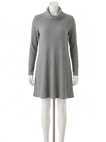 Papillon Women's Ribbed Long Sleeve Cowl Neck A-Line Dress in Grey (view 1)