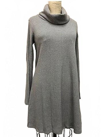 Papillon Women's Ribbed Long Sleeve Cowl Neck A-Line Dress in Grey (view 2)