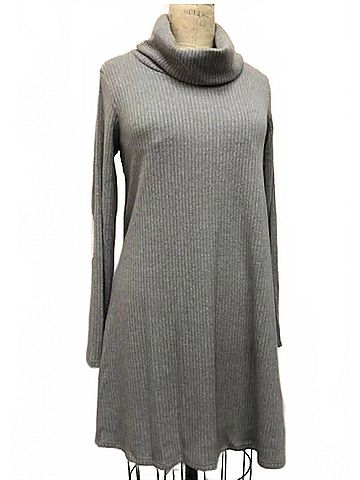 Papillon Women's Ribbed Long Sleeve Cowl Neck A-Line Dress in Grey (view 2)