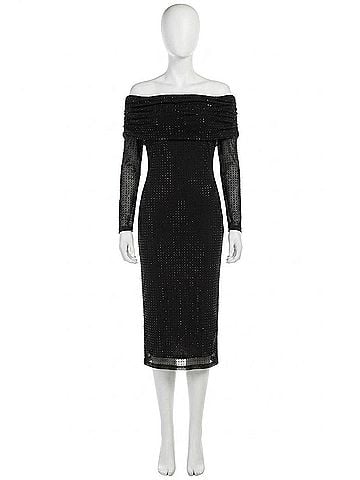 Joseph Ribkoff Rhinestone Off-Shoulder Ruched Midi Dress in Black (view 1)