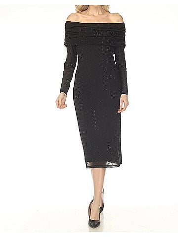 Joseph Ribkoff Rhinestone Off-Shoulder Ruched Midi Dress in Black (view 2)