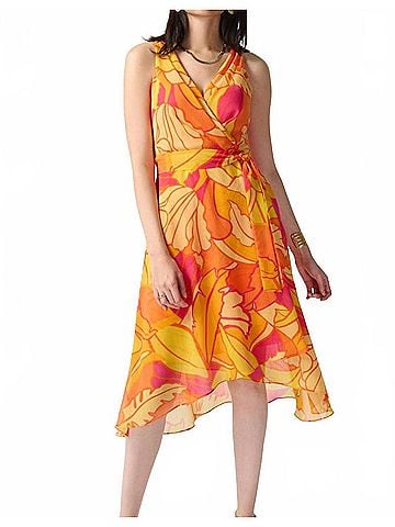 Joseph Ribkoff Tropical Print Fit And Flare Dress in Multi Pink/Orange (view 2)